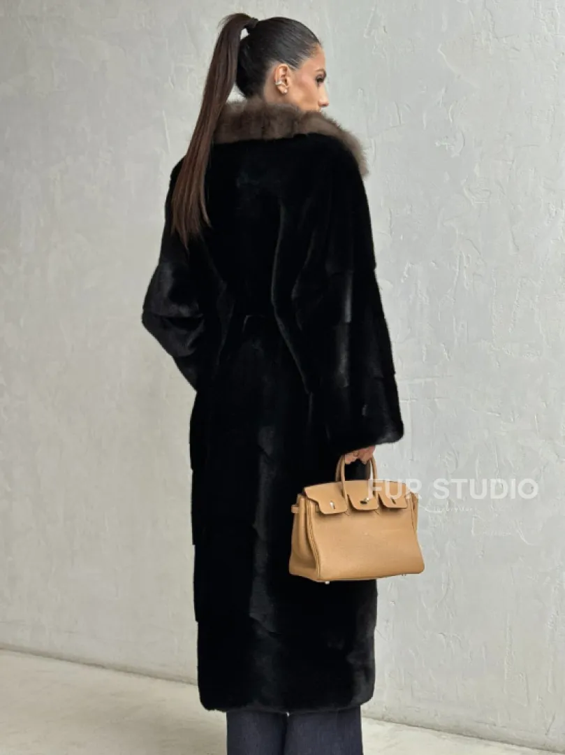 Черная норковая шуба - воротник куница