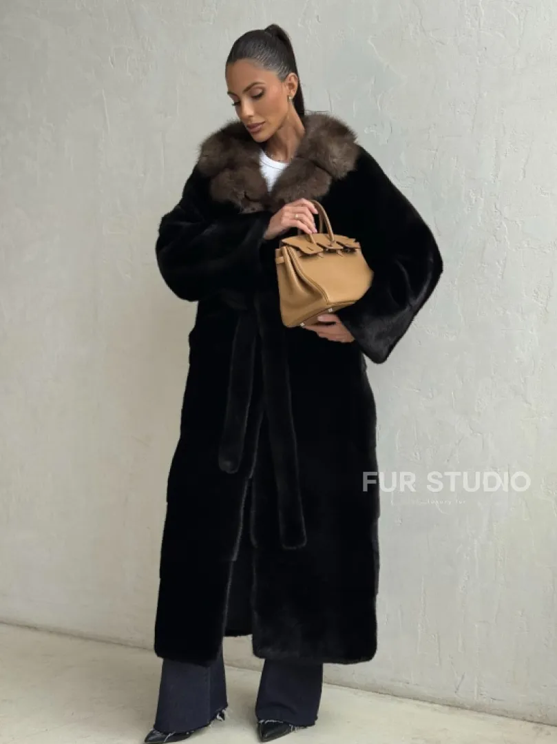 Черная норковая шуба - воротник куница