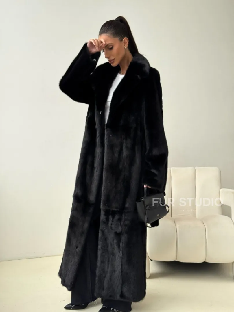 Черная норковая шуба с поясом
