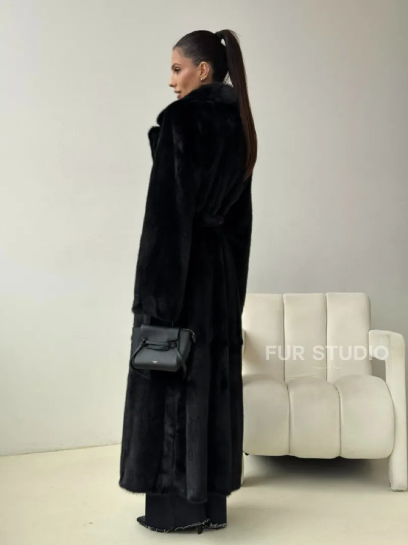 Черная норковая шуба с поясом