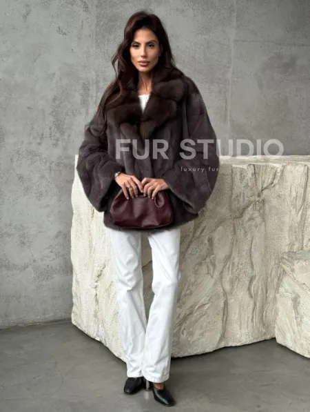 Норковый полушубок с воротником куница - фото 4