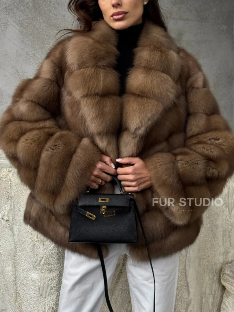 Полушубок из куницы в натуральном бежевом цвете