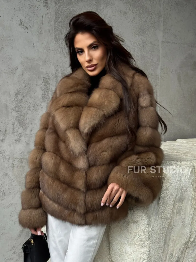 Полушубок из куницы в натуральном бежевом цвете