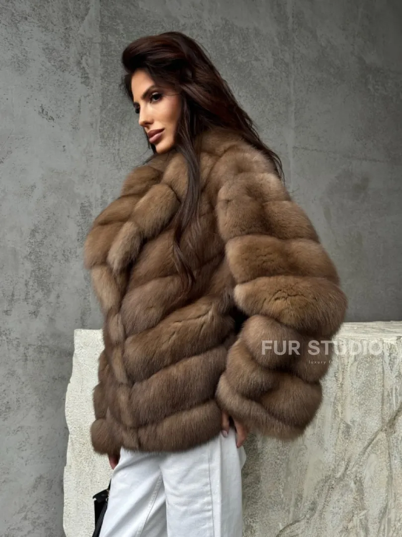 Полушубок из куницы в натуральном бежевом цвете