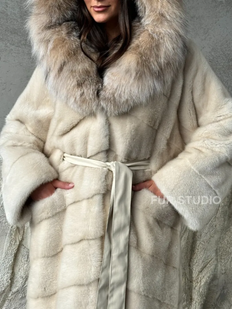 Норка шуба паркет с капюшоном рысь
