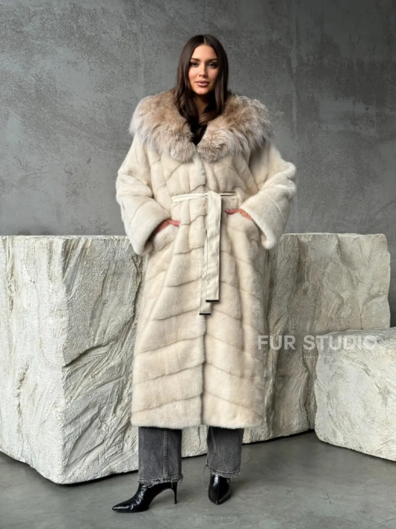Норка шуба паркет с капюшоном рысь