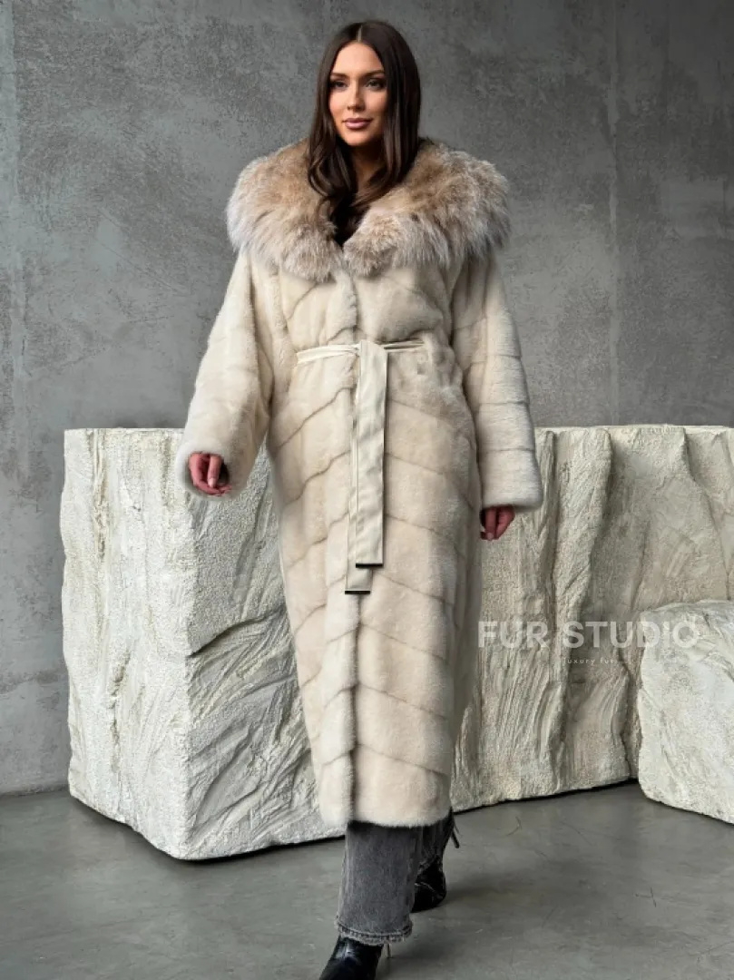 Норка шуба паркет с капюшоном рысь