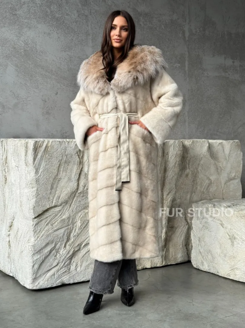 Норка шуба паркет с капюшоном рысь