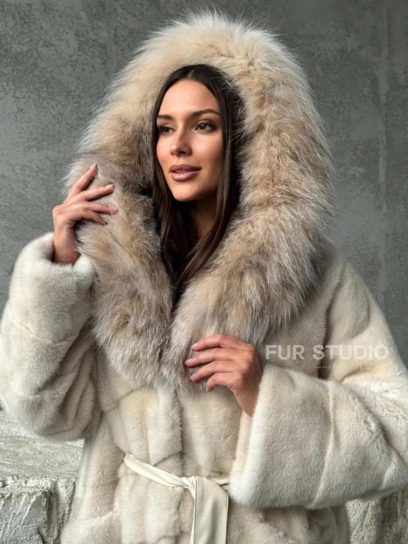 Норка шуба паркет с капюшоном рысь
