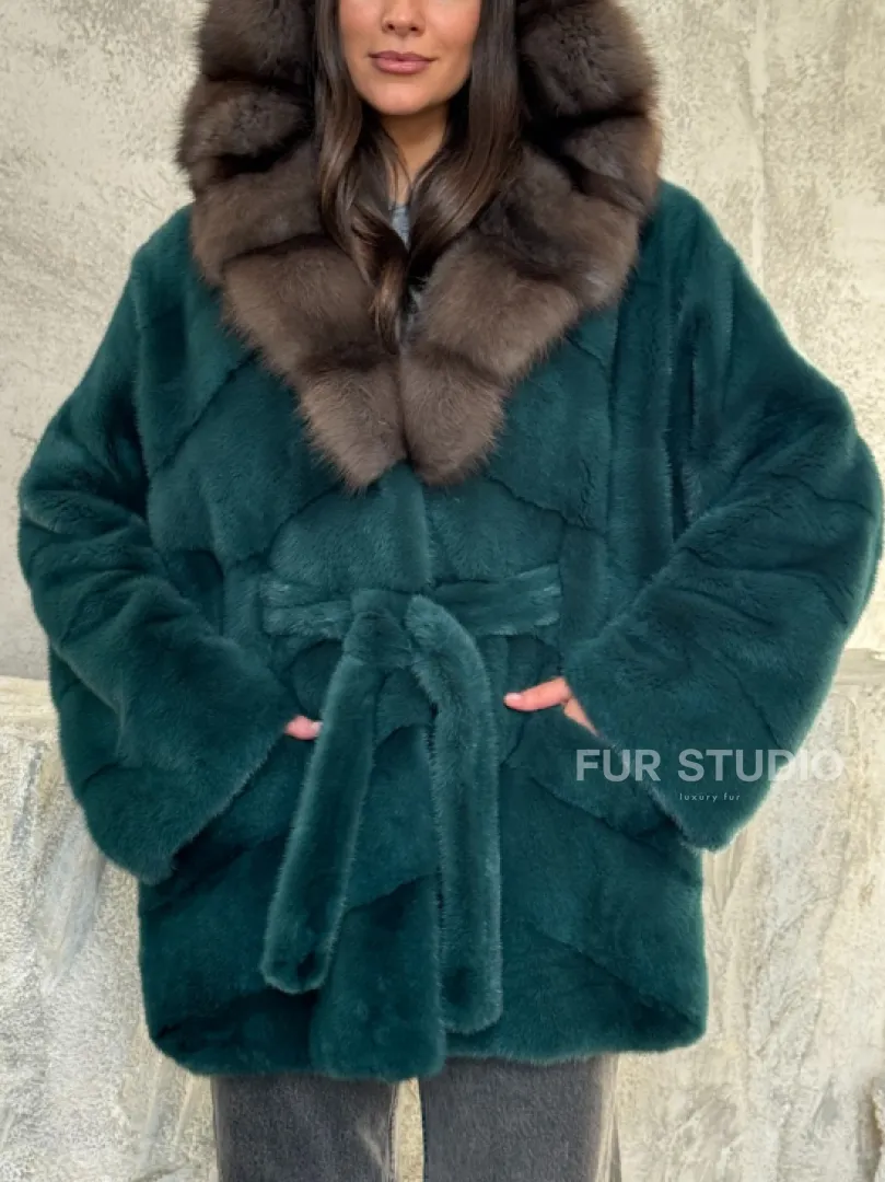 Шуба норка кимоно - капюшон куница