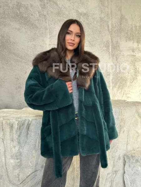 Шуба норка кимоно - капюшон куница - фото 11