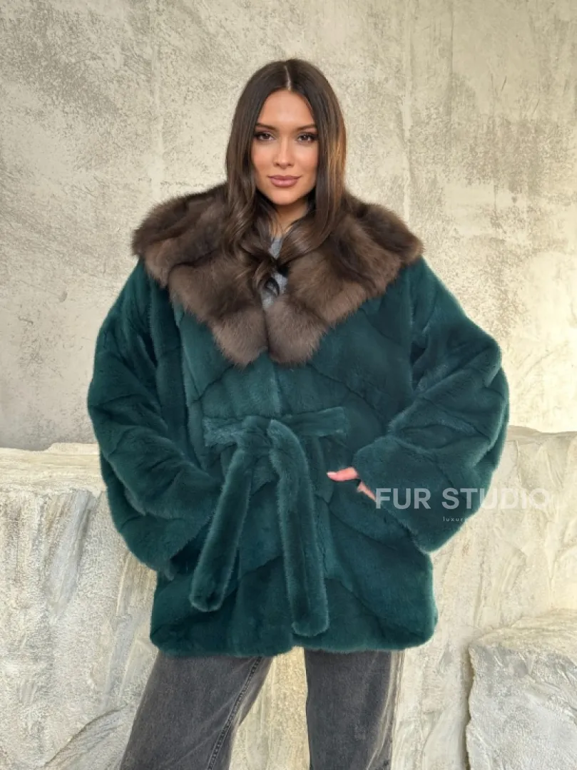 Шуба норка кимоно - капюшон куница