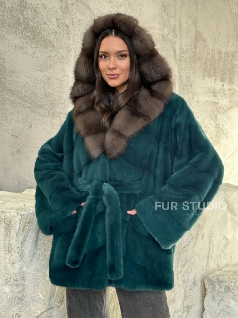 Шуба норка кимоно - капюшон куница
