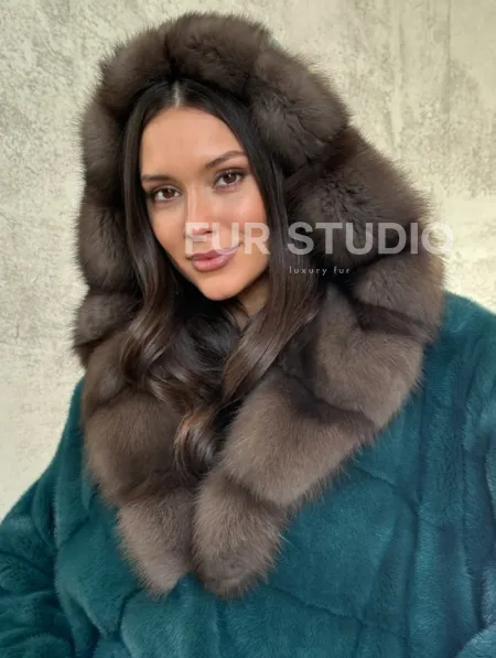 Шуба норка кимоно - капюшон куница - фото 4