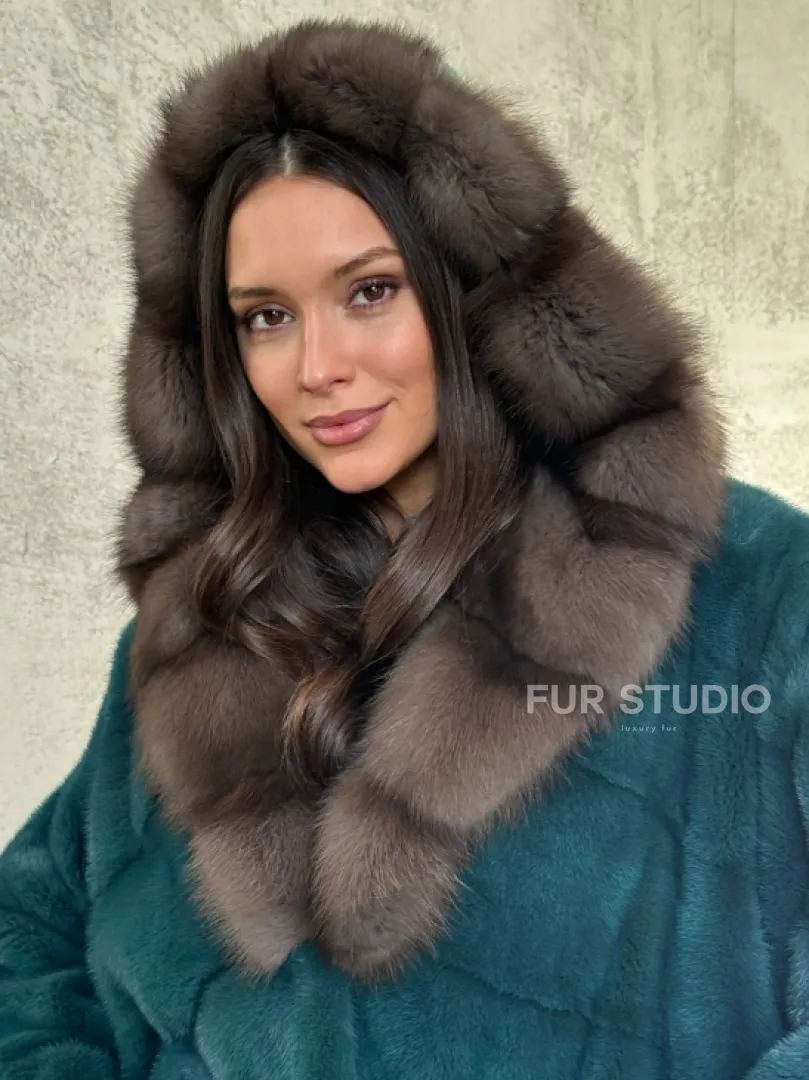 Шуба норка кимоно - капюшон куница