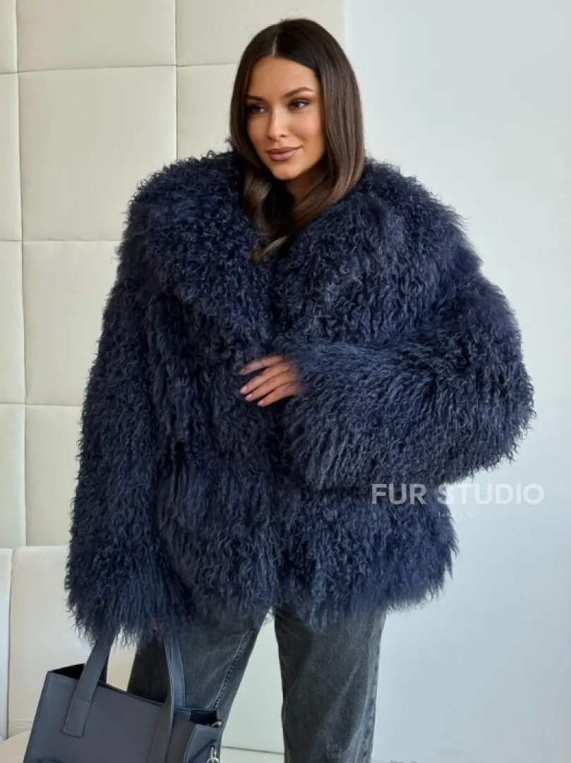 Шуба из ламы - цвет джинс