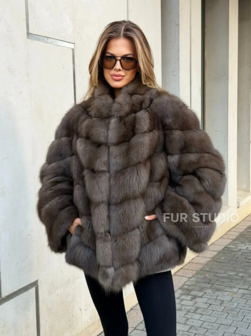 Шуба из куницы в цвете соболь - рукава косичкой