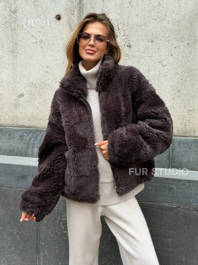 Натуральная двухсторонняя дубленка - бомбер