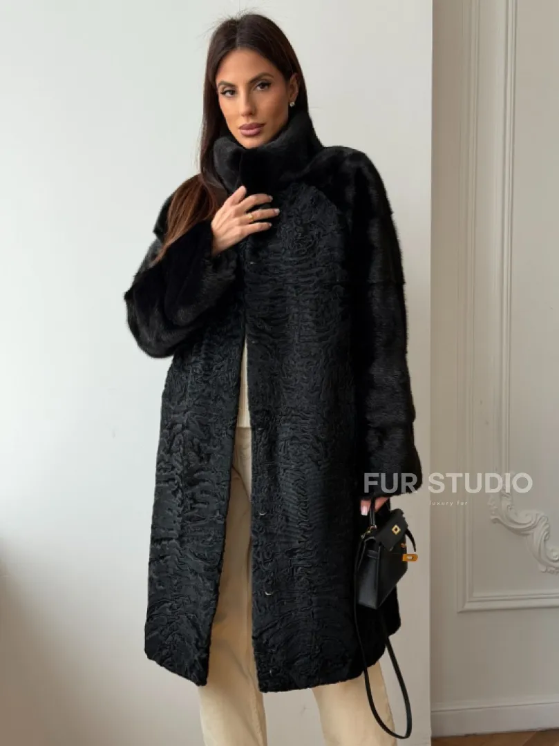 Шуба из каракуля с норкой - стойка воротник