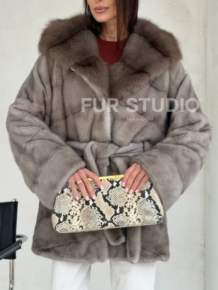 Серый норковый полушубок - капюшон куница - фото 2