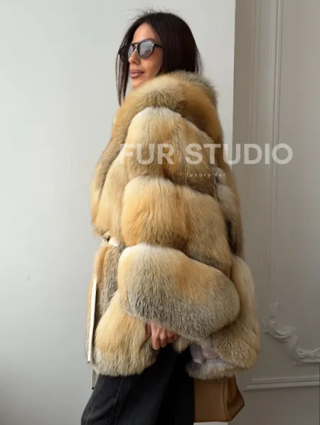 Шуба - пончо из лисы с поясом - фото 7