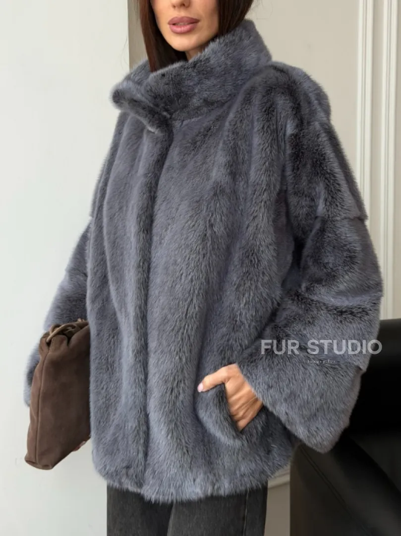 Короткая норковая шуба - стойка воротник