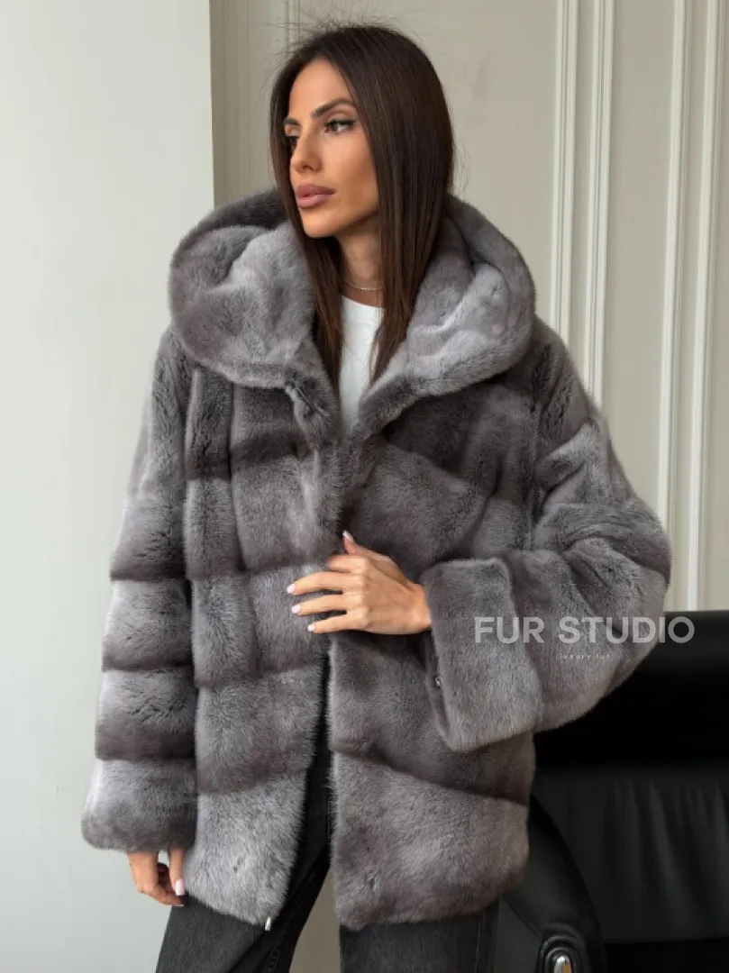 Норковый полушубок с капюшоном - цвет Platinum