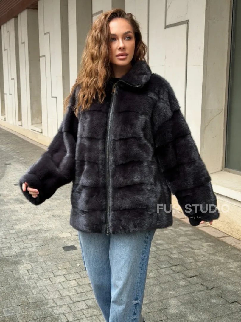 Норковая куртка на молнии - графит