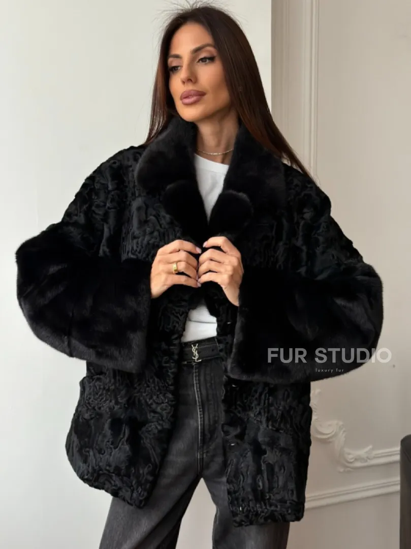 Полушубок из каракуля с норкой