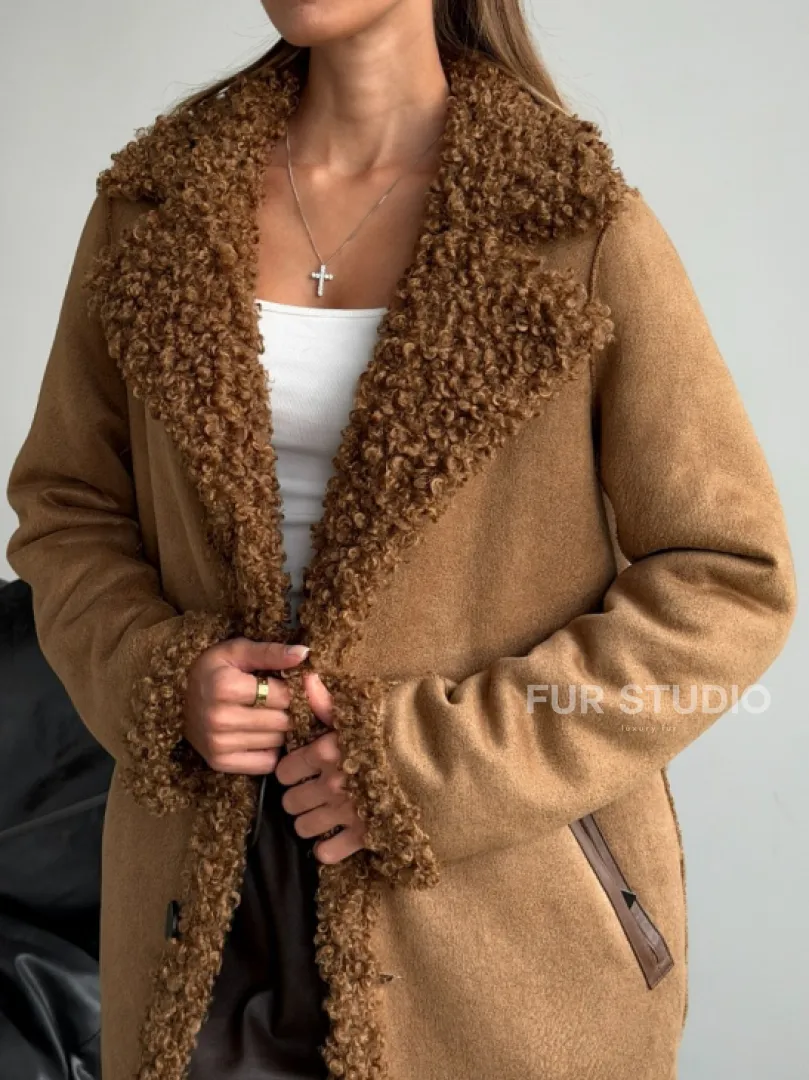 Коричневая двухсторонняя дубленка из экомеха