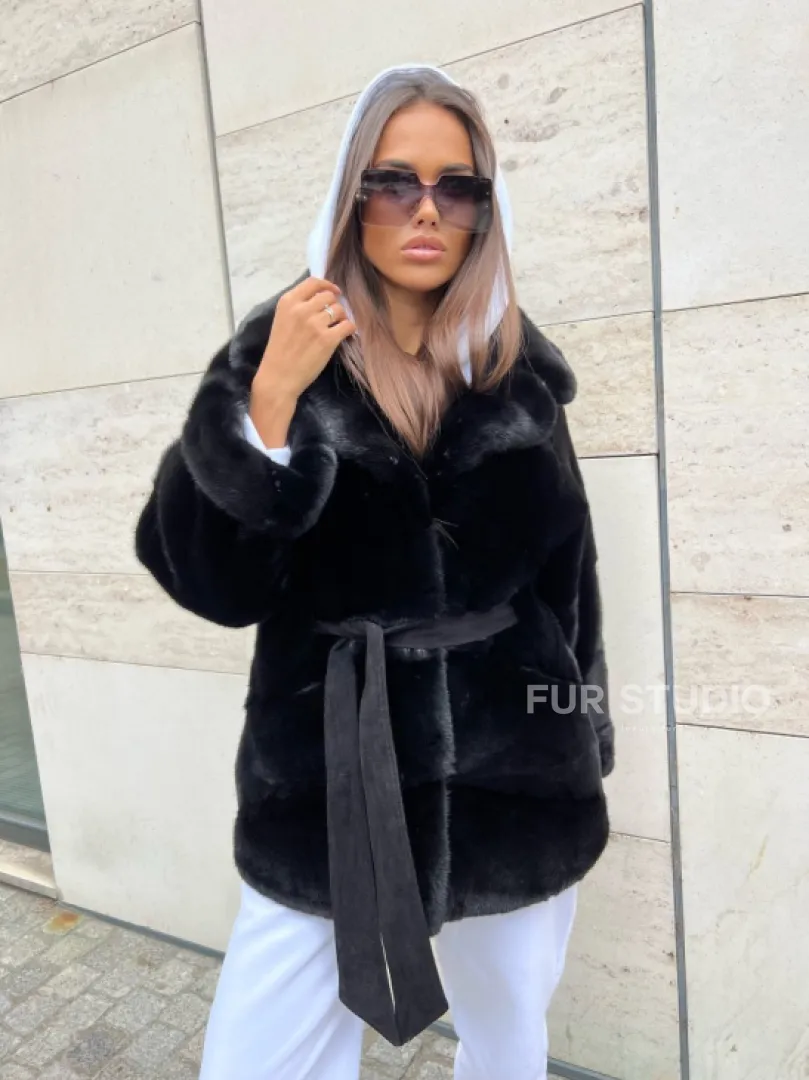 Черная короткая шуба из плюшевой норки Velvet с английским воротником