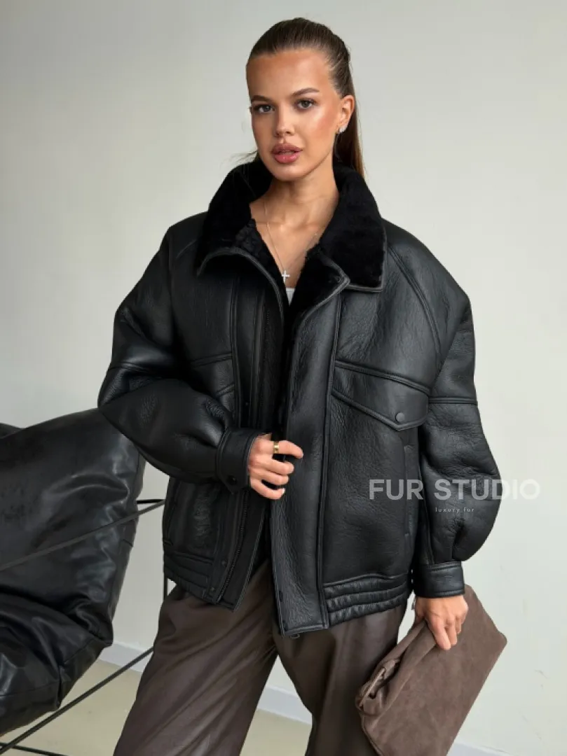 Черная натуральная дубленка из овчины