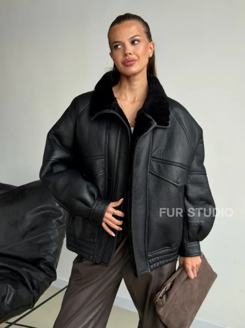 Черная натуральная дубленка из овчины