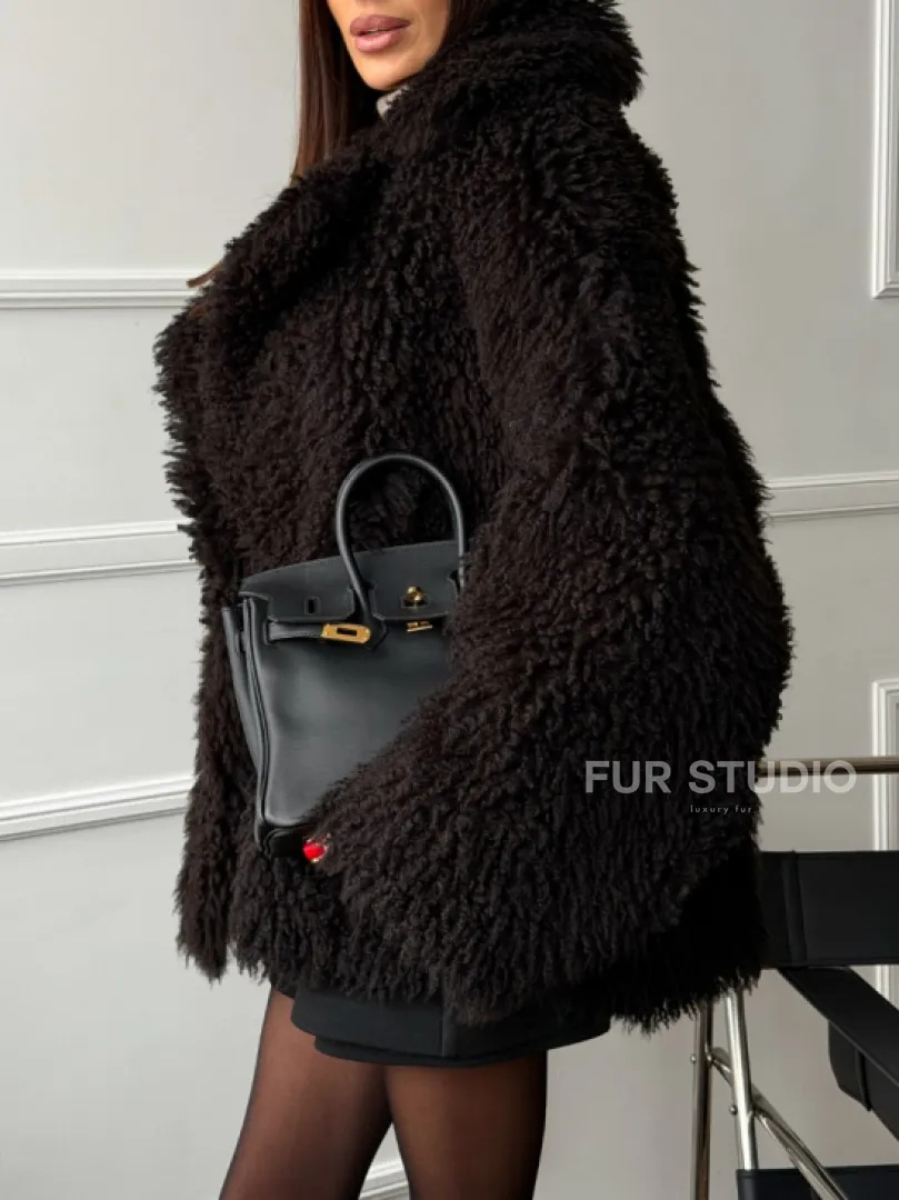 Коричневая дубленка из меха Тиградо