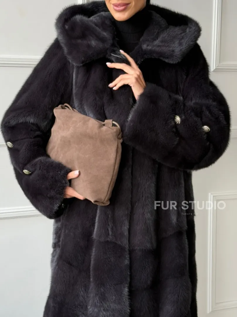 Норковая шуба с капюшоном - графит