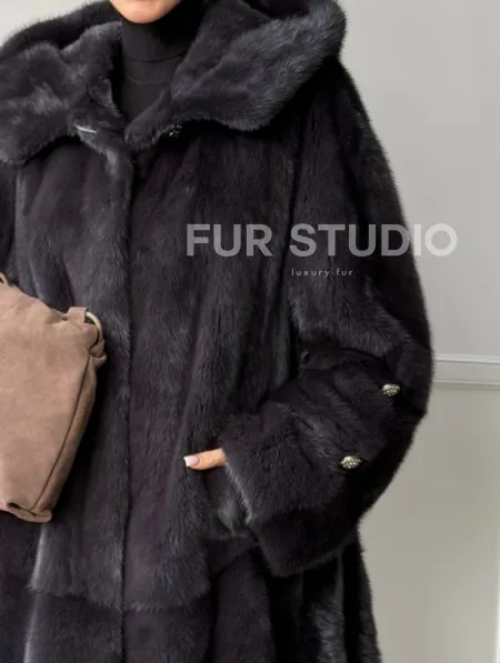 Норковая шуба с капюшоном - графит - фото 1