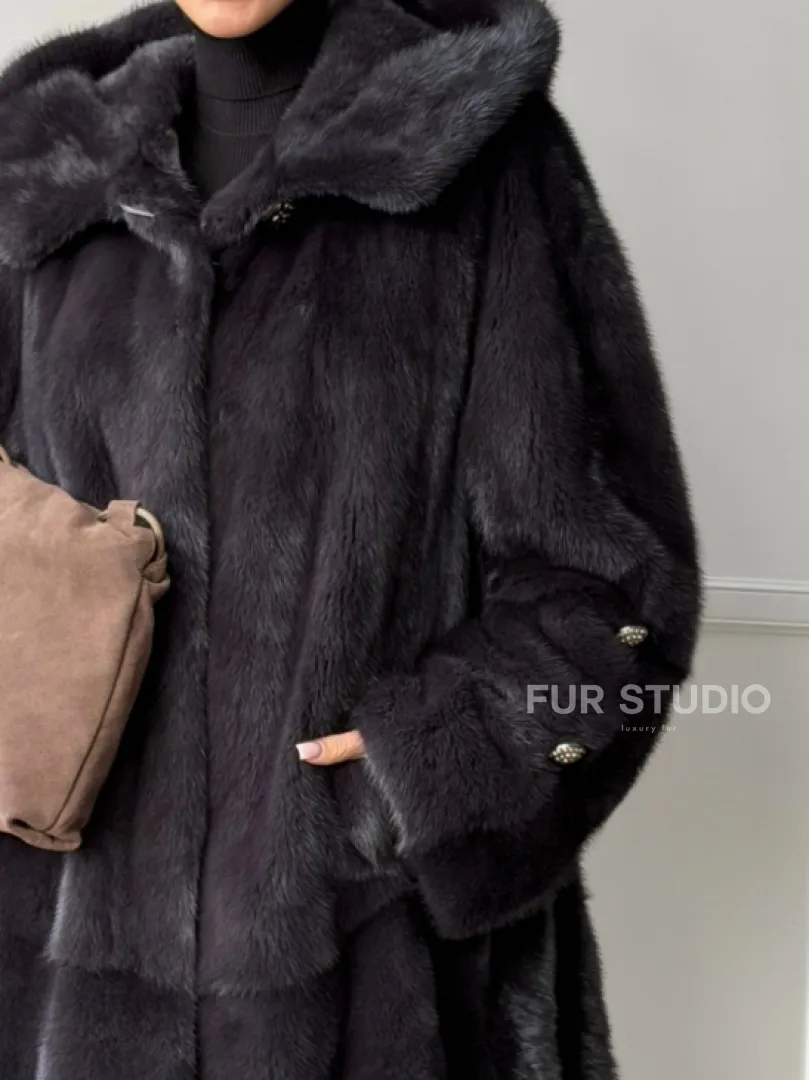 Норковая шуба с капюшоном - графит