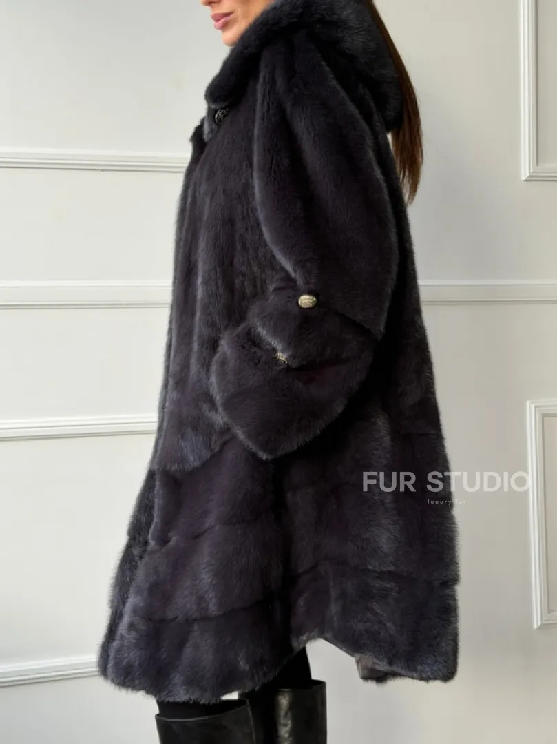 Норковая шуба с капюшоном - графит