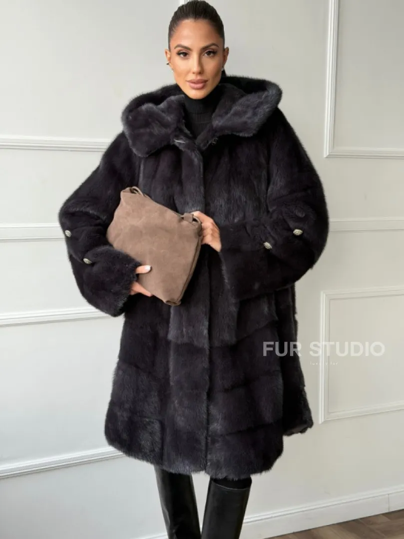 Норковая шуба с капюшоном - графит
