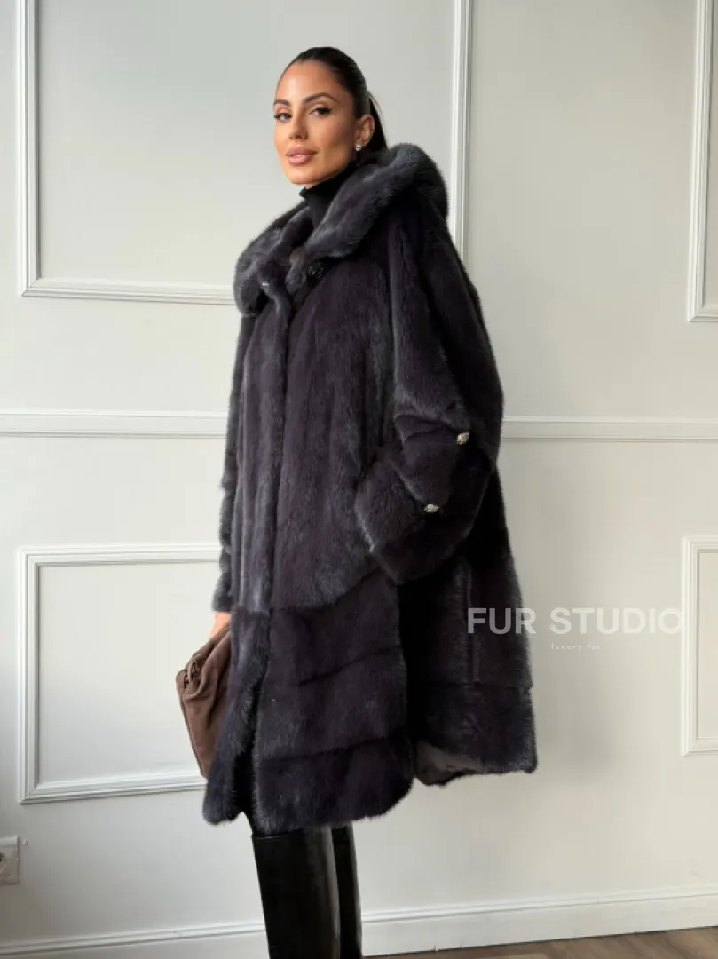 Норковая шуба с капюшоном - графит