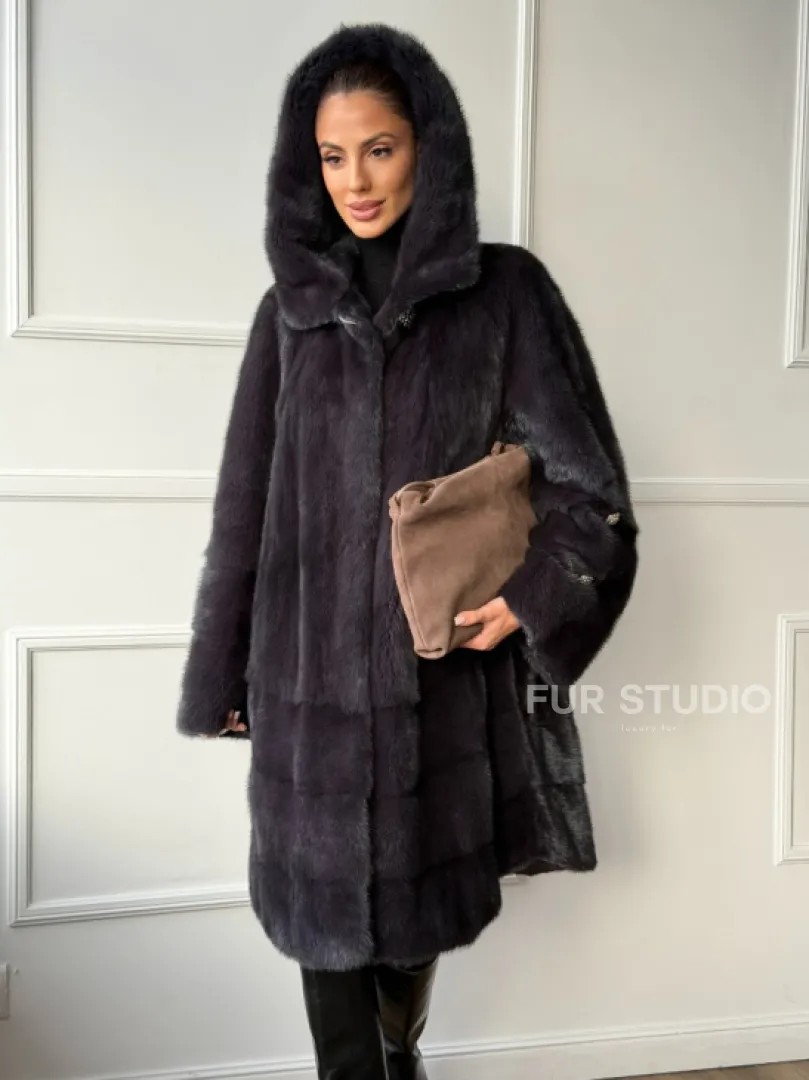 Норковая шуба с капюшоном - графит