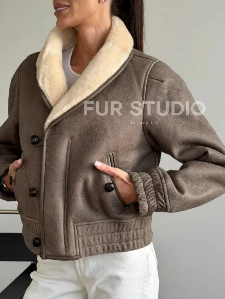 Короткая дубленка - воротник шаль - фото 4