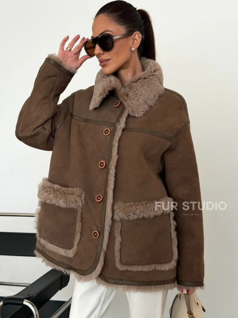 Коричневая замшевая дубленка на мехе тиградо