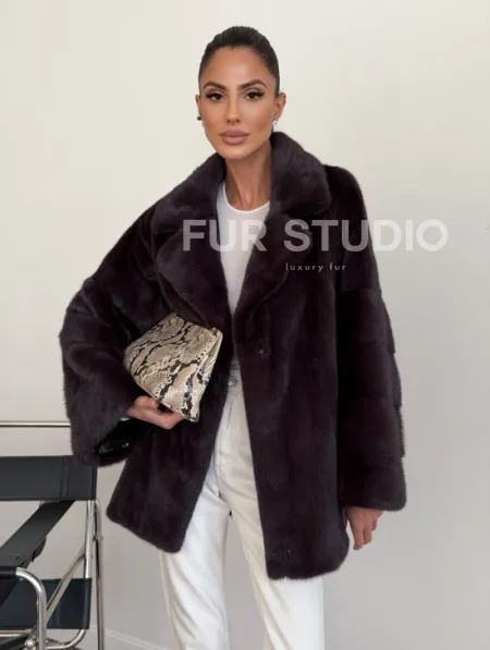 Норковый полушубок - цвет инжир - фото 0