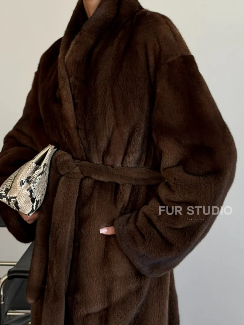 Шуба норковая в роспуск с меховым поясом