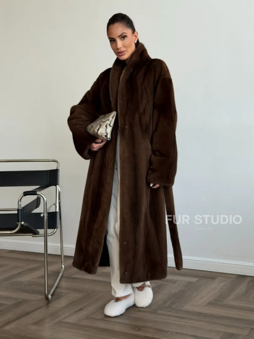 Шуба норковая в роспуск с меховым поясом