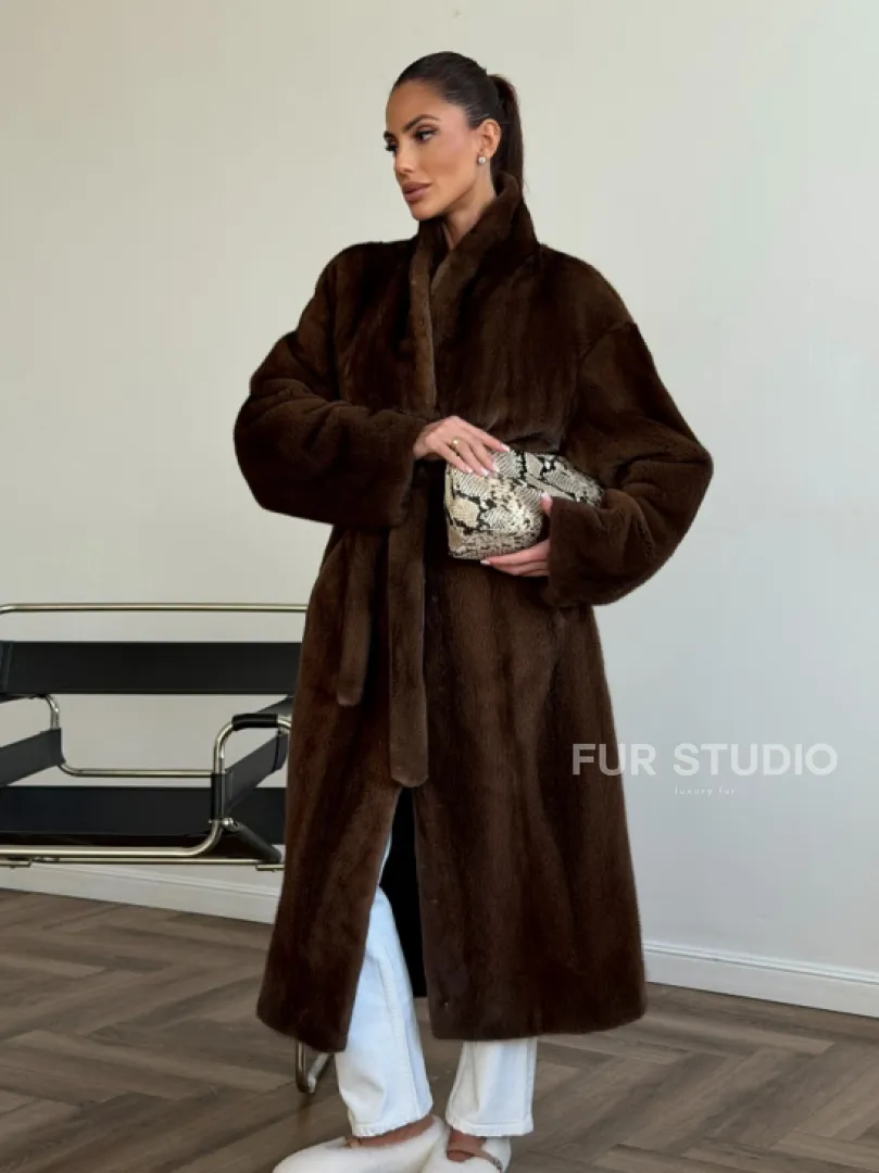 Шуба норковая в роспуск с меховым поясом