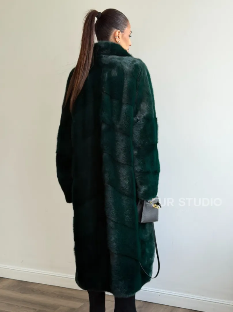 Зеленая норковая шуба - английский воротник