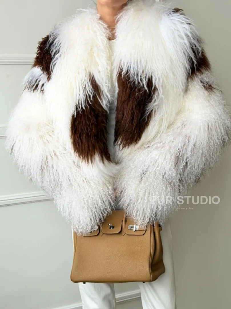 Шубка из ламы бело-коричневая