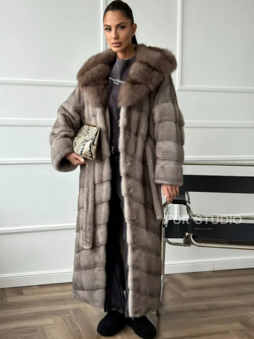 Шуба-кимоно норка в пол с капюшоном куница